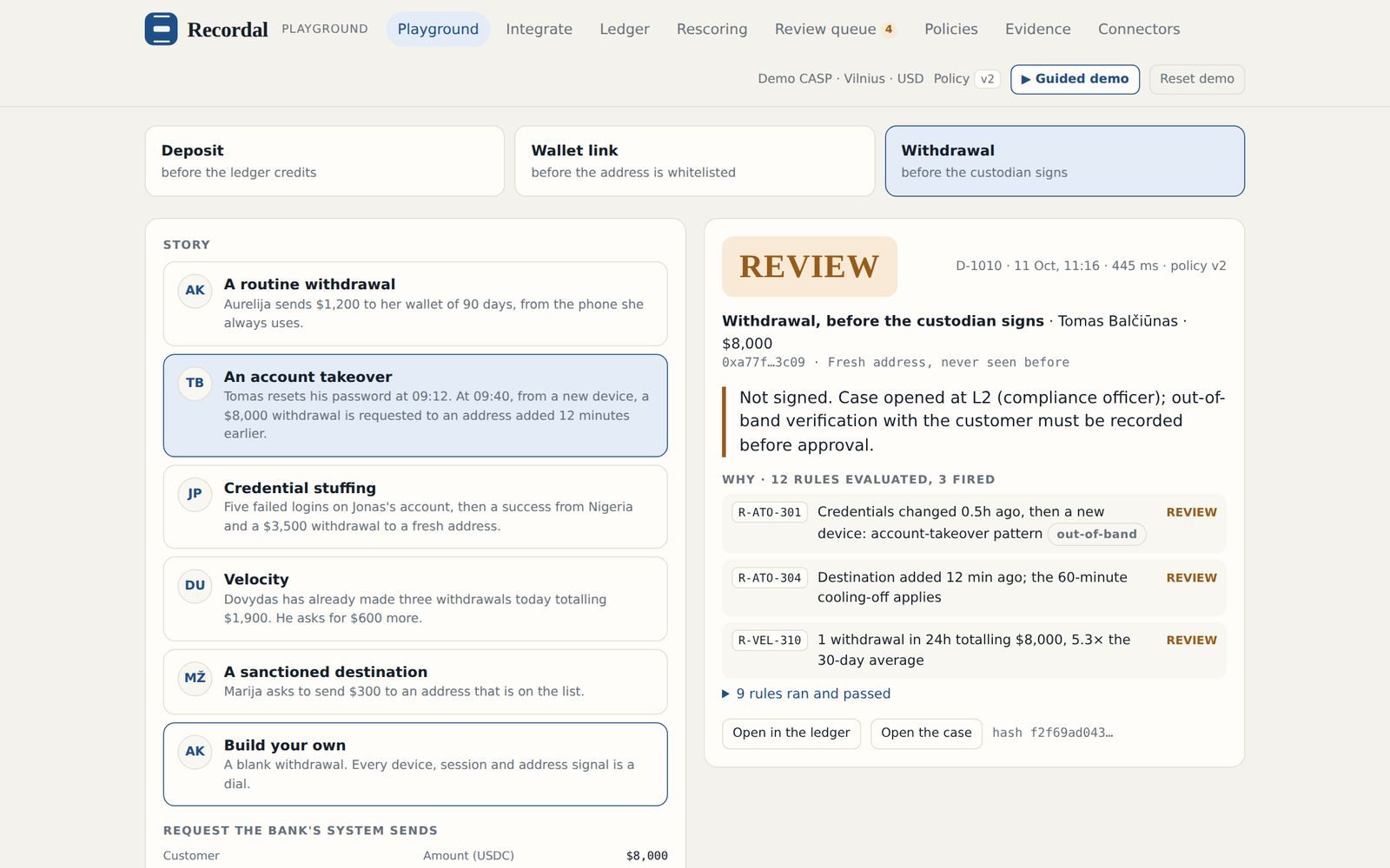 Recordal prototype: an $8,000 withdrawal held at REVIEW before the custodian signs, with the three rules that fired